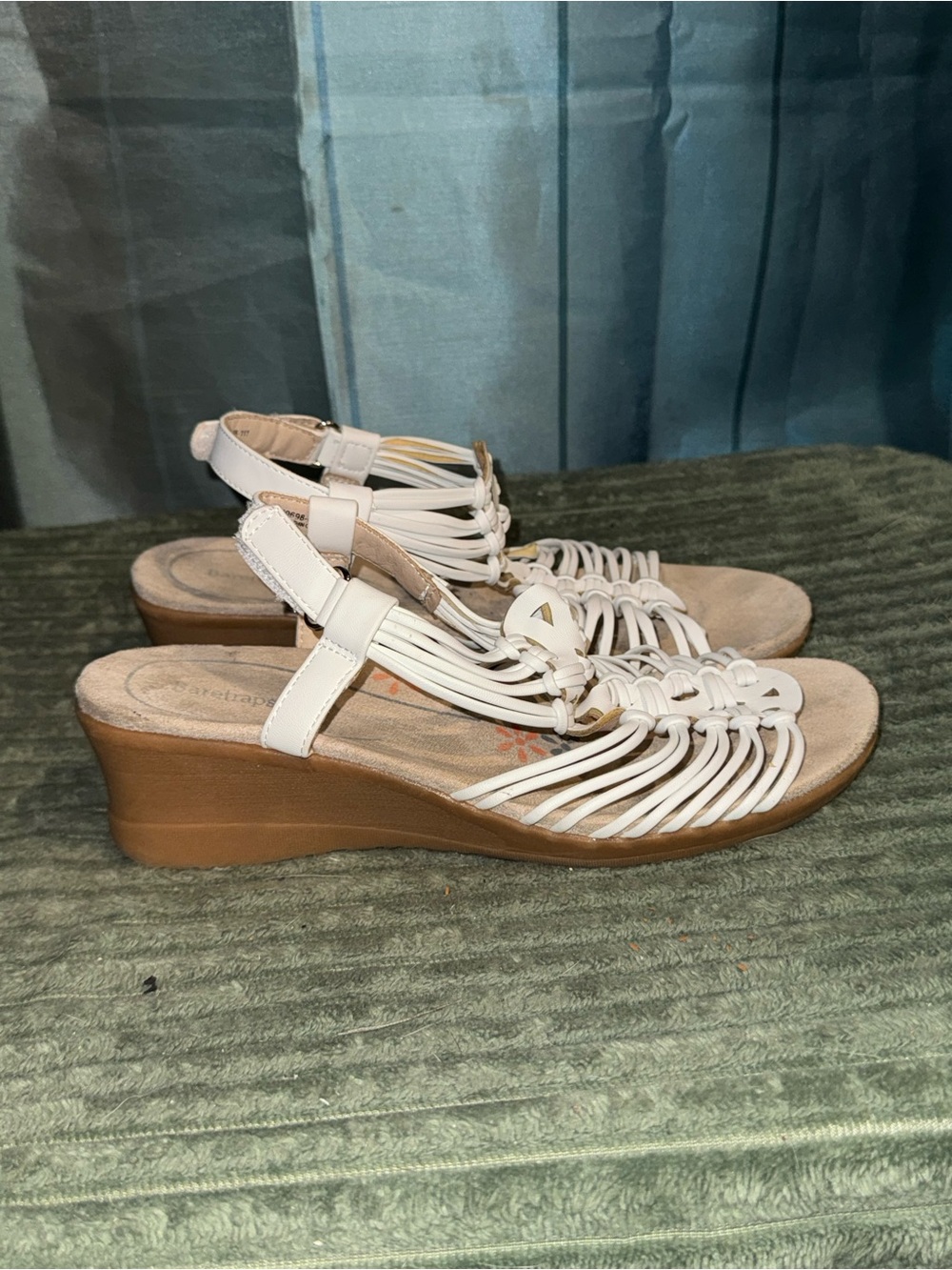 BareTraps White Strappy Wedge Sandals with Tan Sole